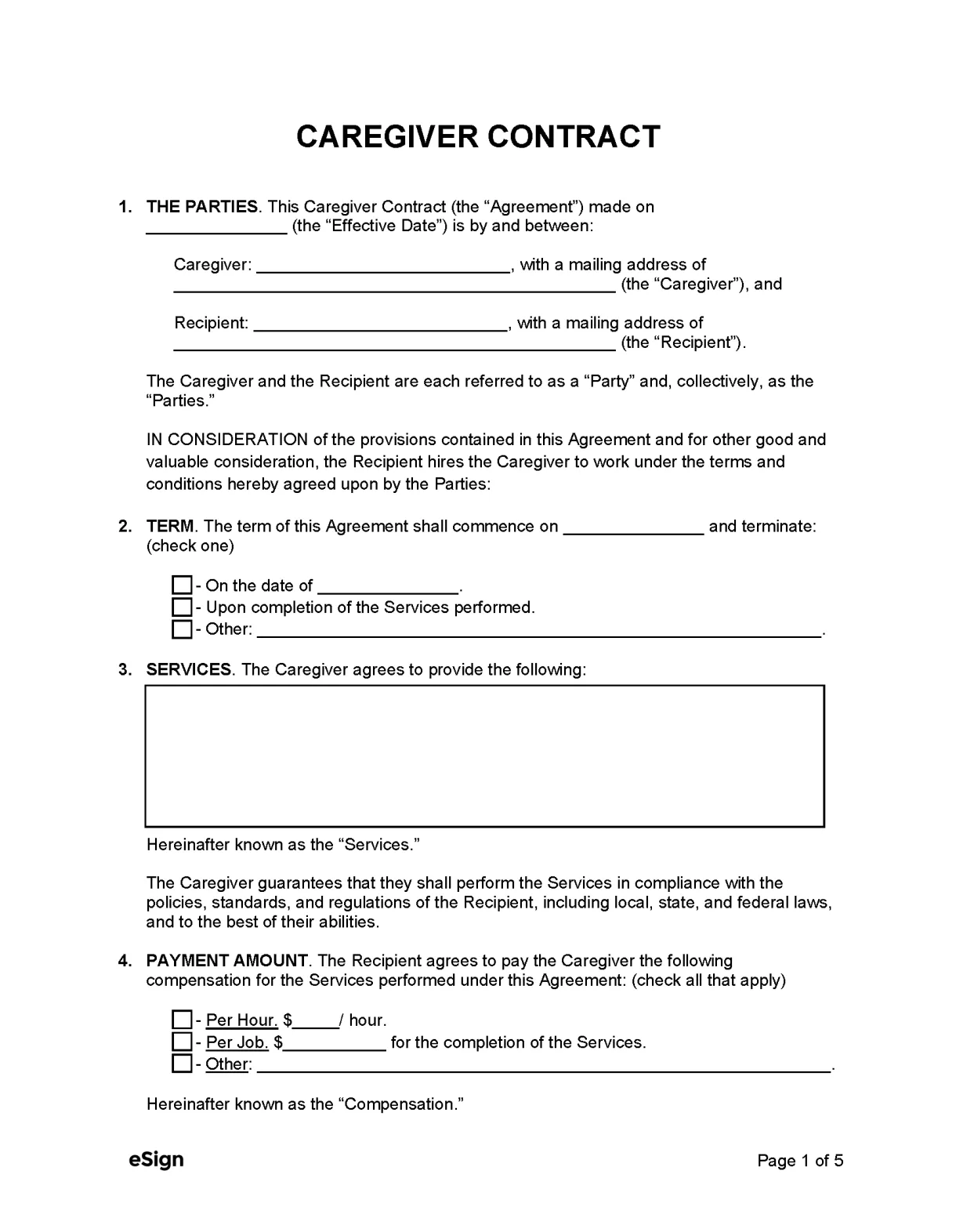 Printable caregiver contract template