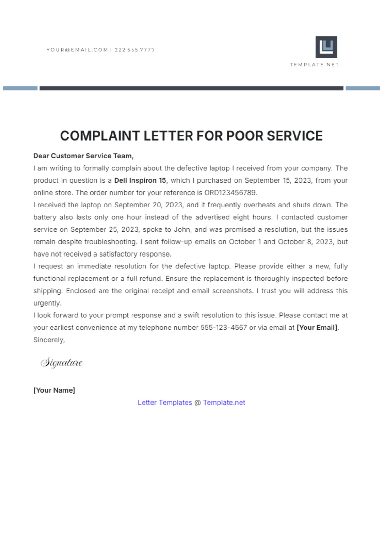 Free complaint letter for poor service template to edit online