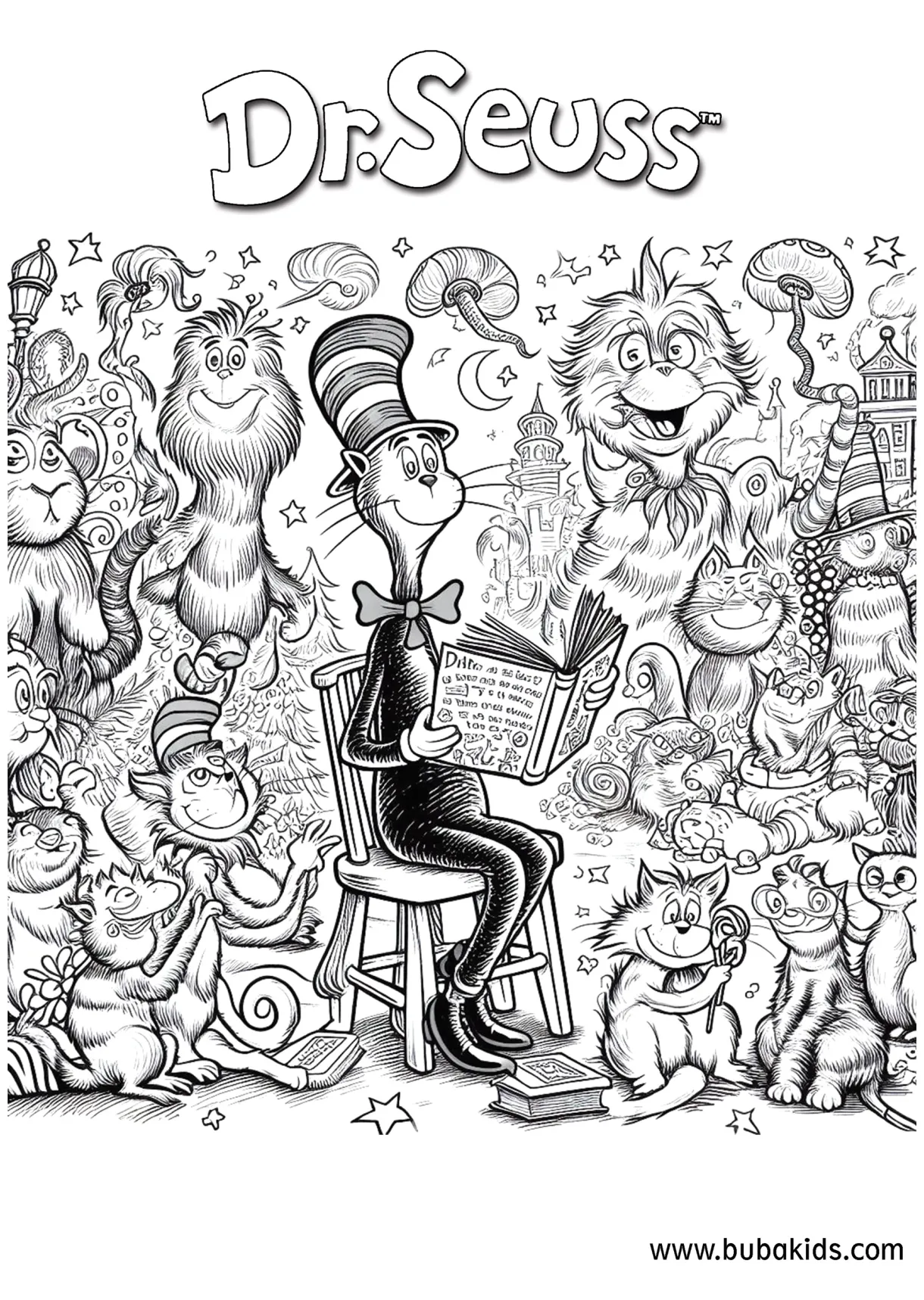 Dr seuss book characters coloring page bubakids