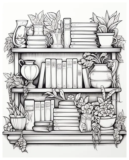 Coloring page with books on shelf premium ai-generated