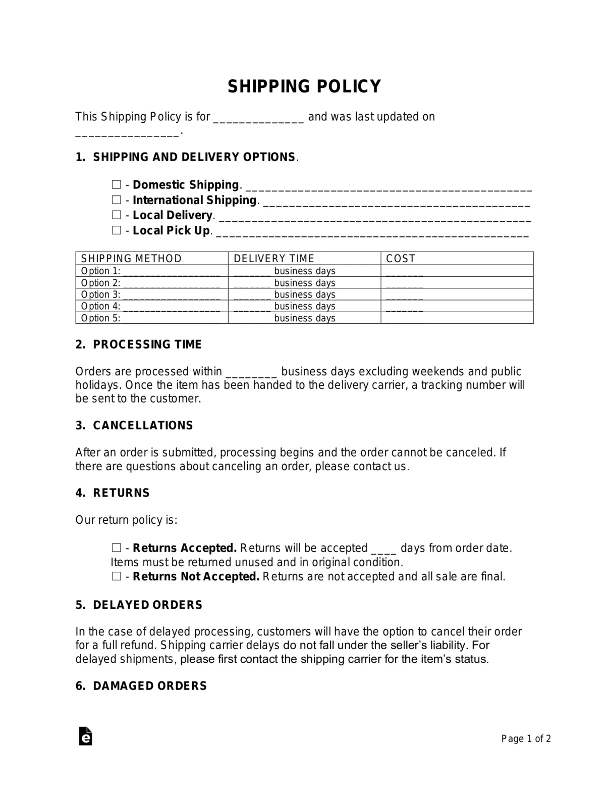 Free shipping policy template & generator pdf word eforms