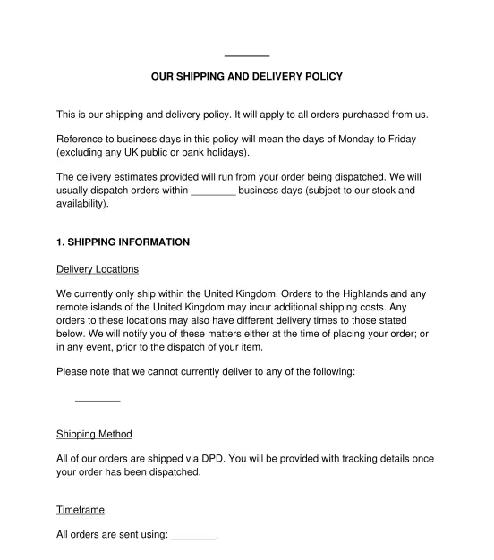 Shipping policy sample, template word & pdf