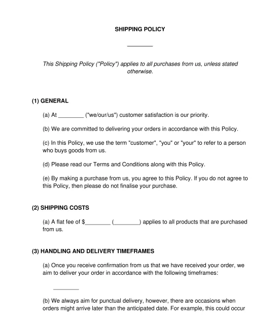 Shipping policy sample template online word and pdf
