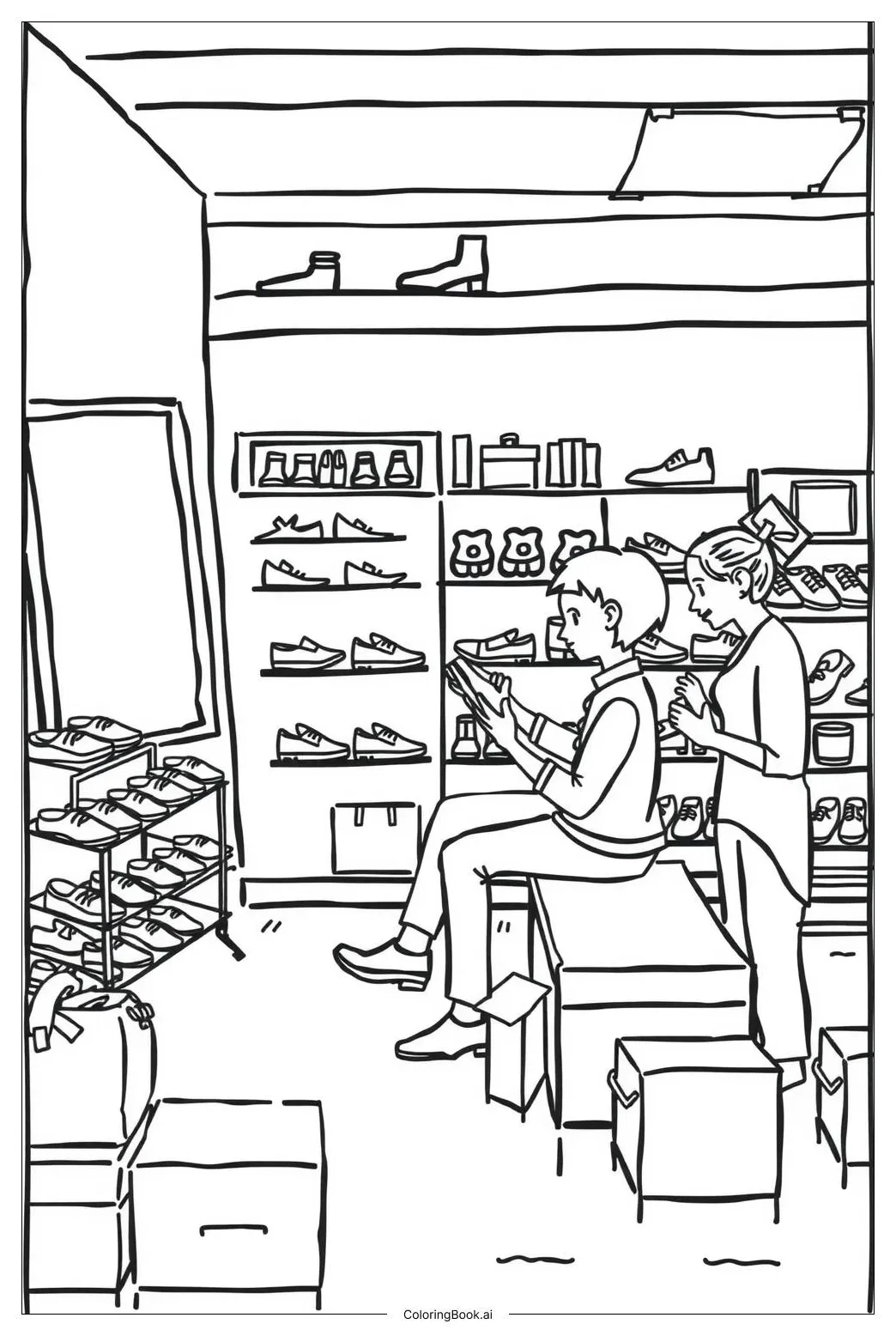 Shoe Shopping in a Store Coloring Page (Free PDF&PNG Printable)
