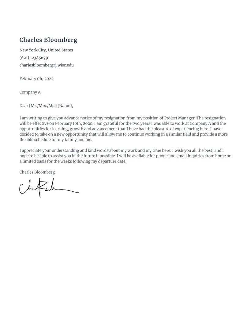 Free short term notice resignation letter sample rezi