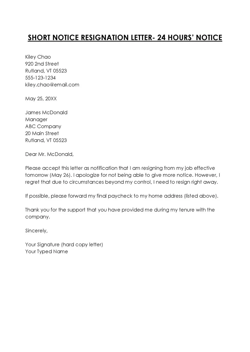 Examples 24 hours notice