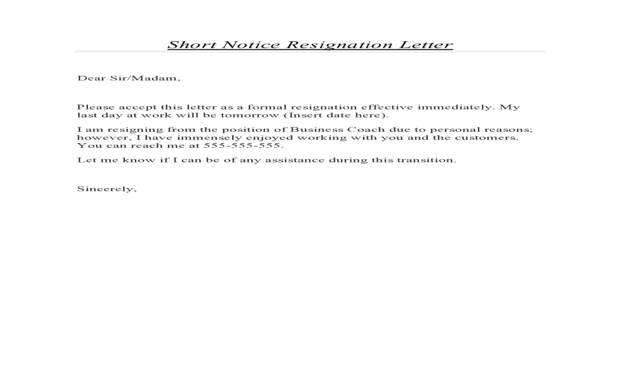 Resignation letter short notice sample business letter examples