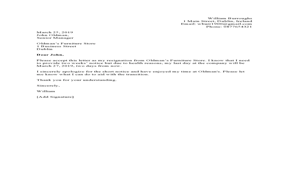 Short simple notice resignation letter