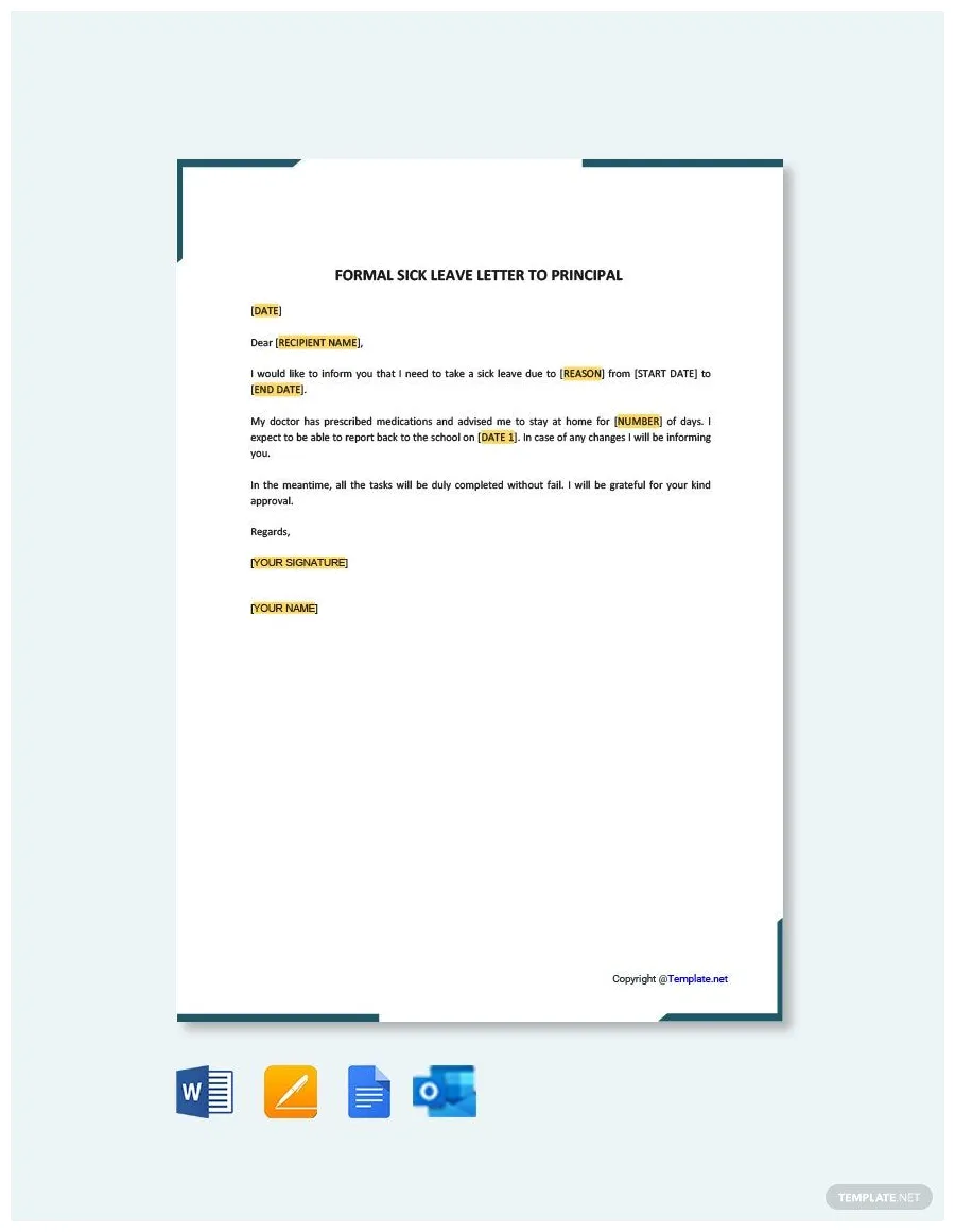 Formal Sick Leave Letter to Principal in Google Docs, Pages, Word