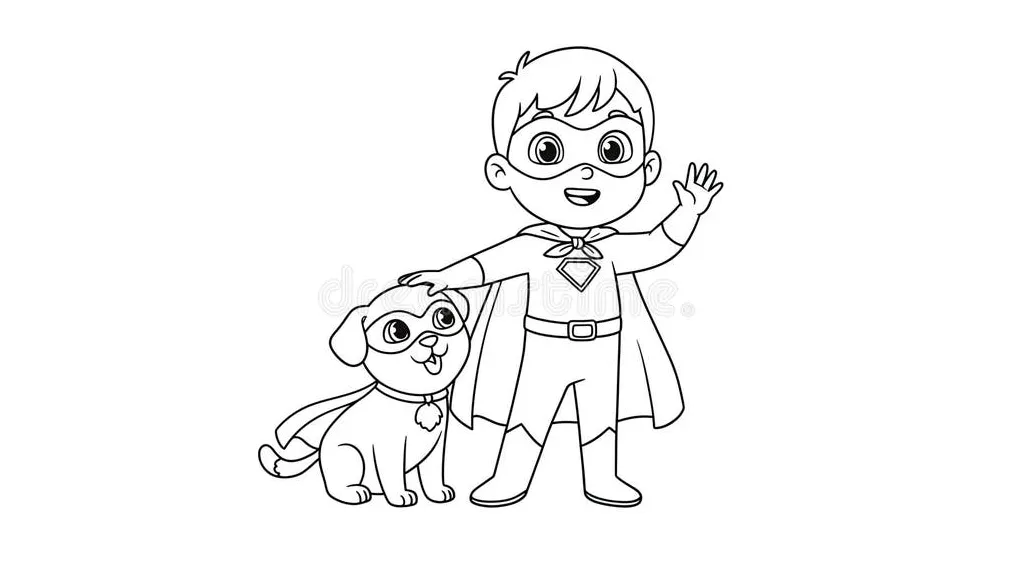 Coloring page featuring a child superhero posing with a cute animal