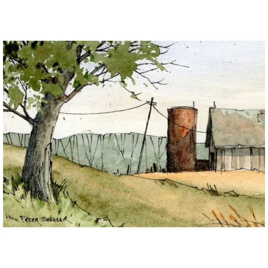 Shadowed silo watercolor art landscape, watercolor landscape