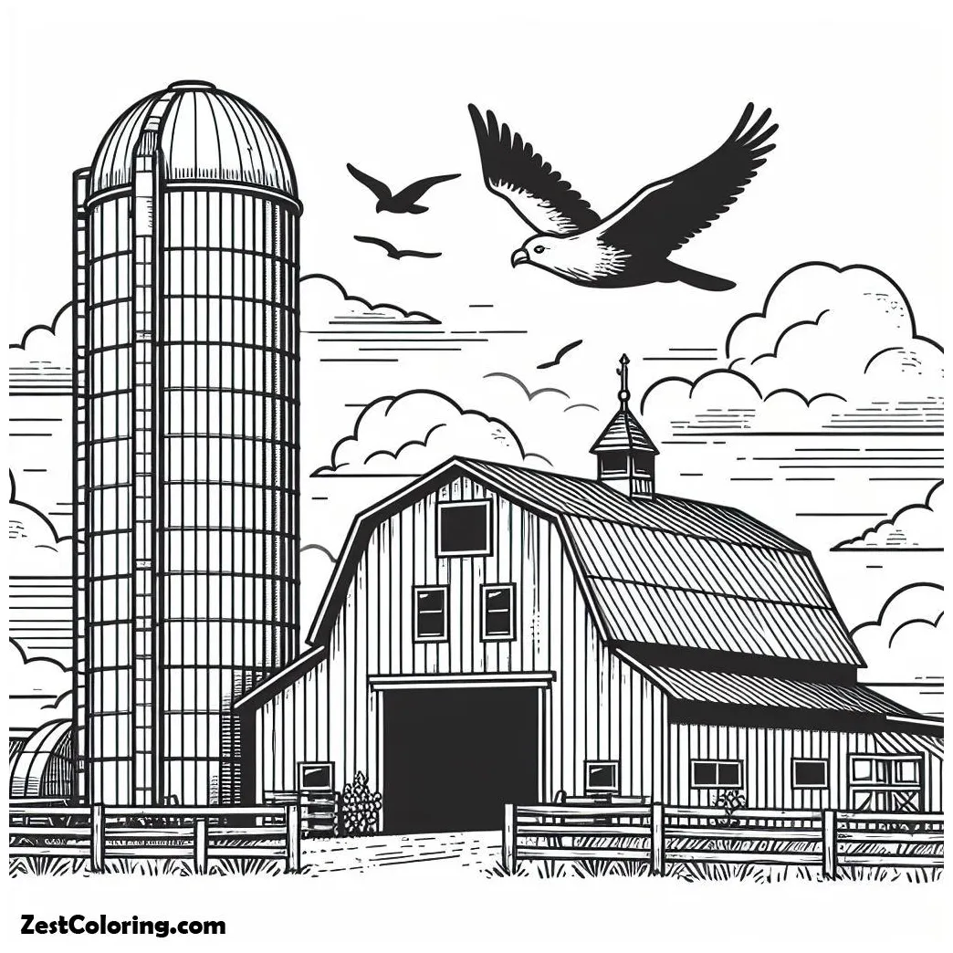 Flying birds above of barn and coloring for kids
