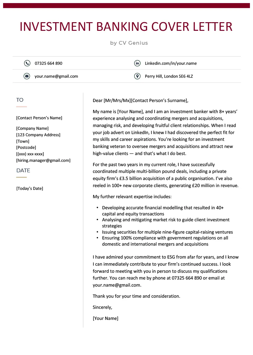 Investment banking cover letter examples, template, & tips