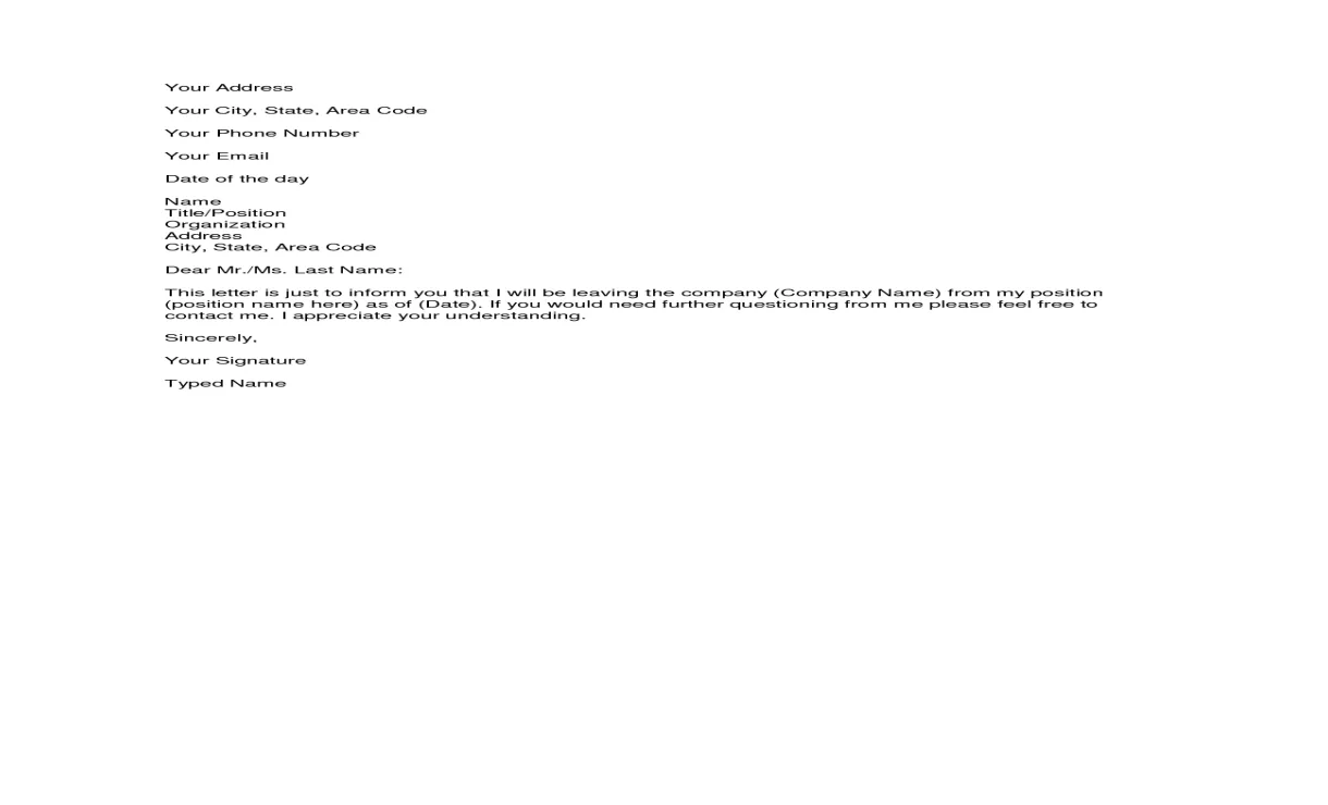 Free printable letter of resignation form generic