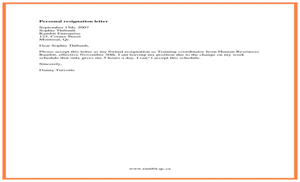 Basic resignation letter examples simple for personal reason of