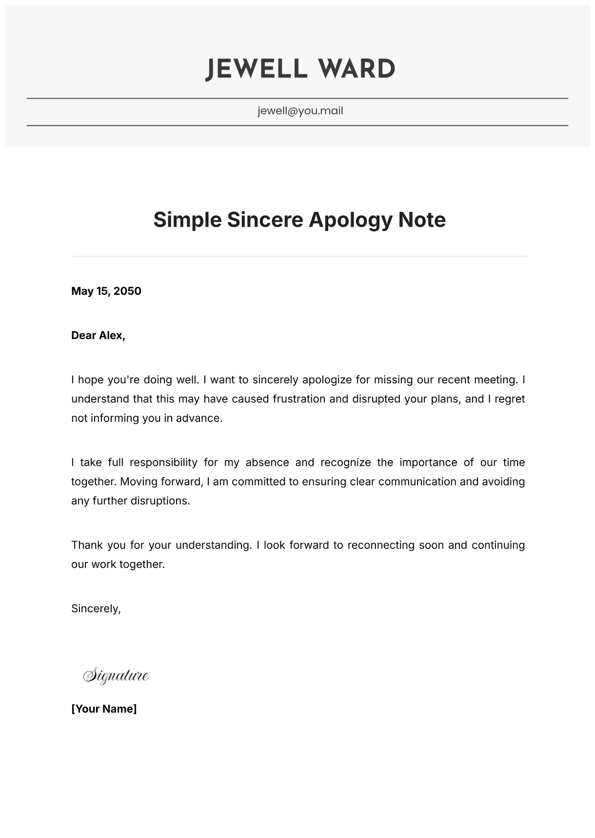 Free simple sincere apology note template to edit online