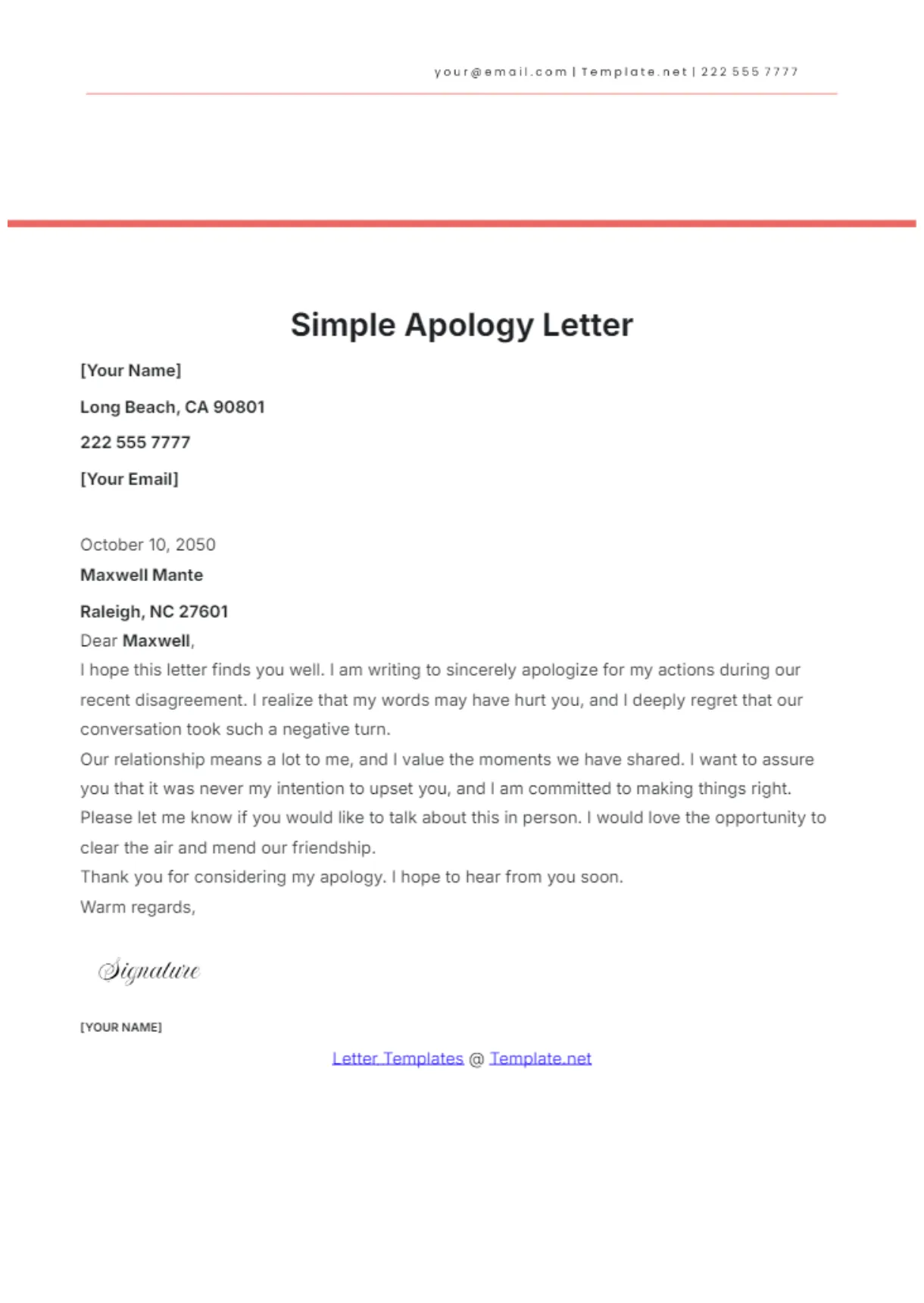 Free simple apology letter template to edit online