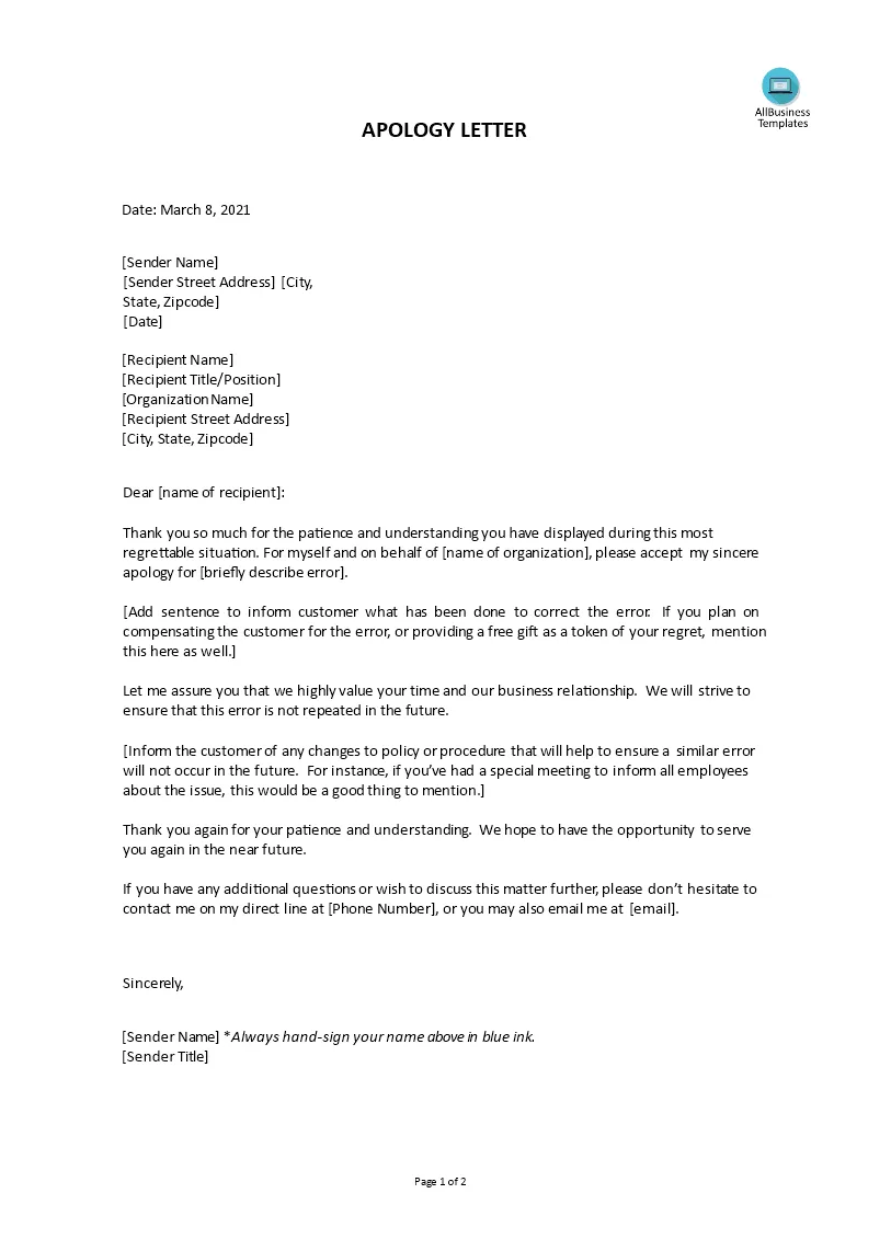 Sincere apology business letter templates at allbusinesstemplates