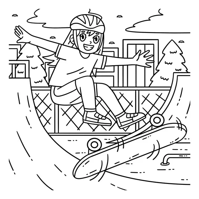 Premium vector skateboard girl doing a flip trick coloring page