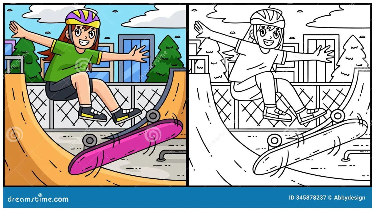 Skateboard girl doing a flip trick coloring page vector illustration