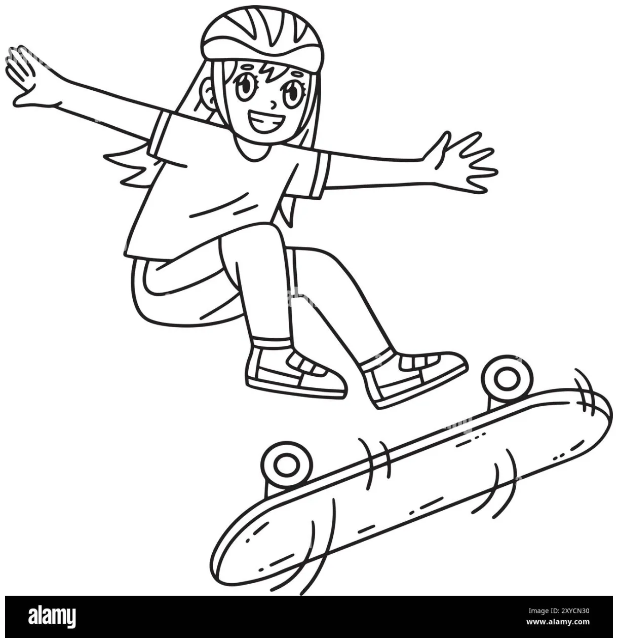 Skateboard girl doing flip trick isolated coloring stock vector