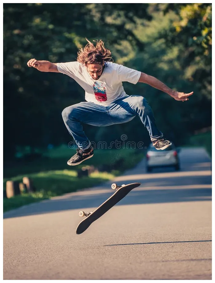 Action shot of a skateboarder skating, doing tricks and jumping stock