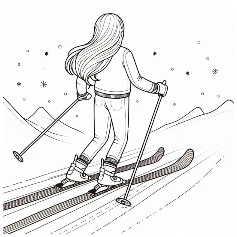 Fast skiing girl coloring page for kids free printable sheet