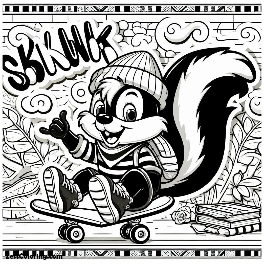 Skunk enjoy with skate board coloring page coloring for kids smart printable coloring page
