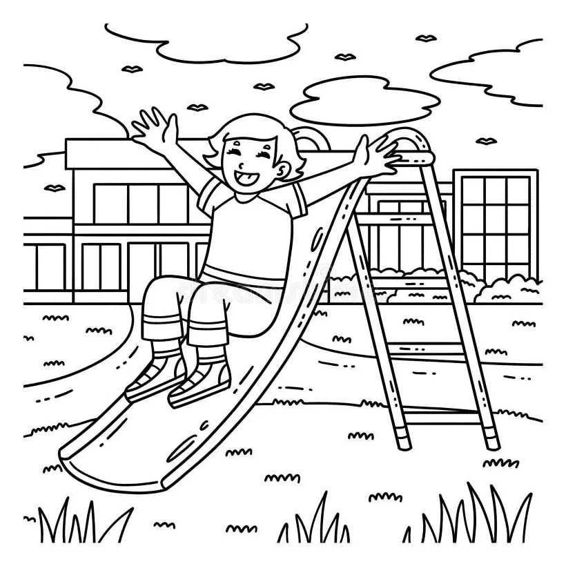 School yard girl going down the slide coloring stock vector