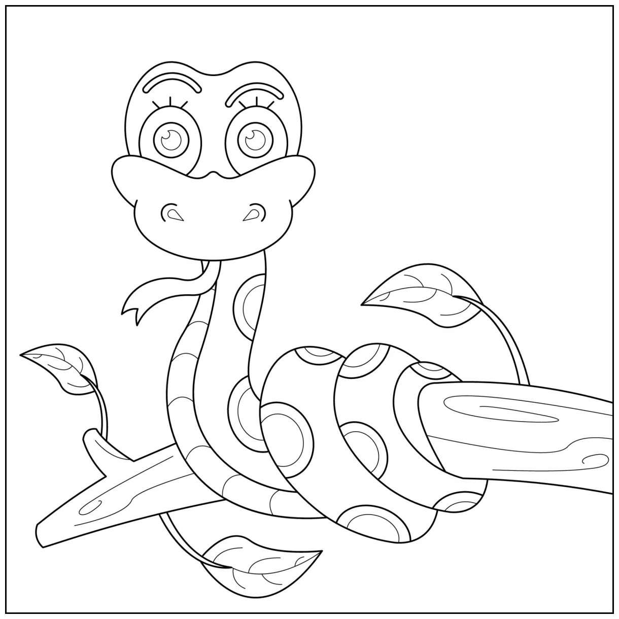 Cute snake coiled in a tree suitable for children's coloring page