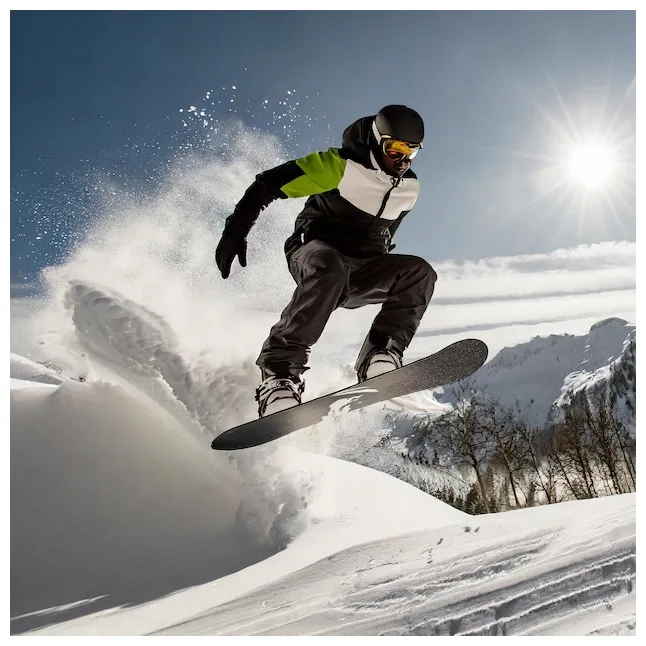 Premium snowboarder jumping in the air in fresh snow powder