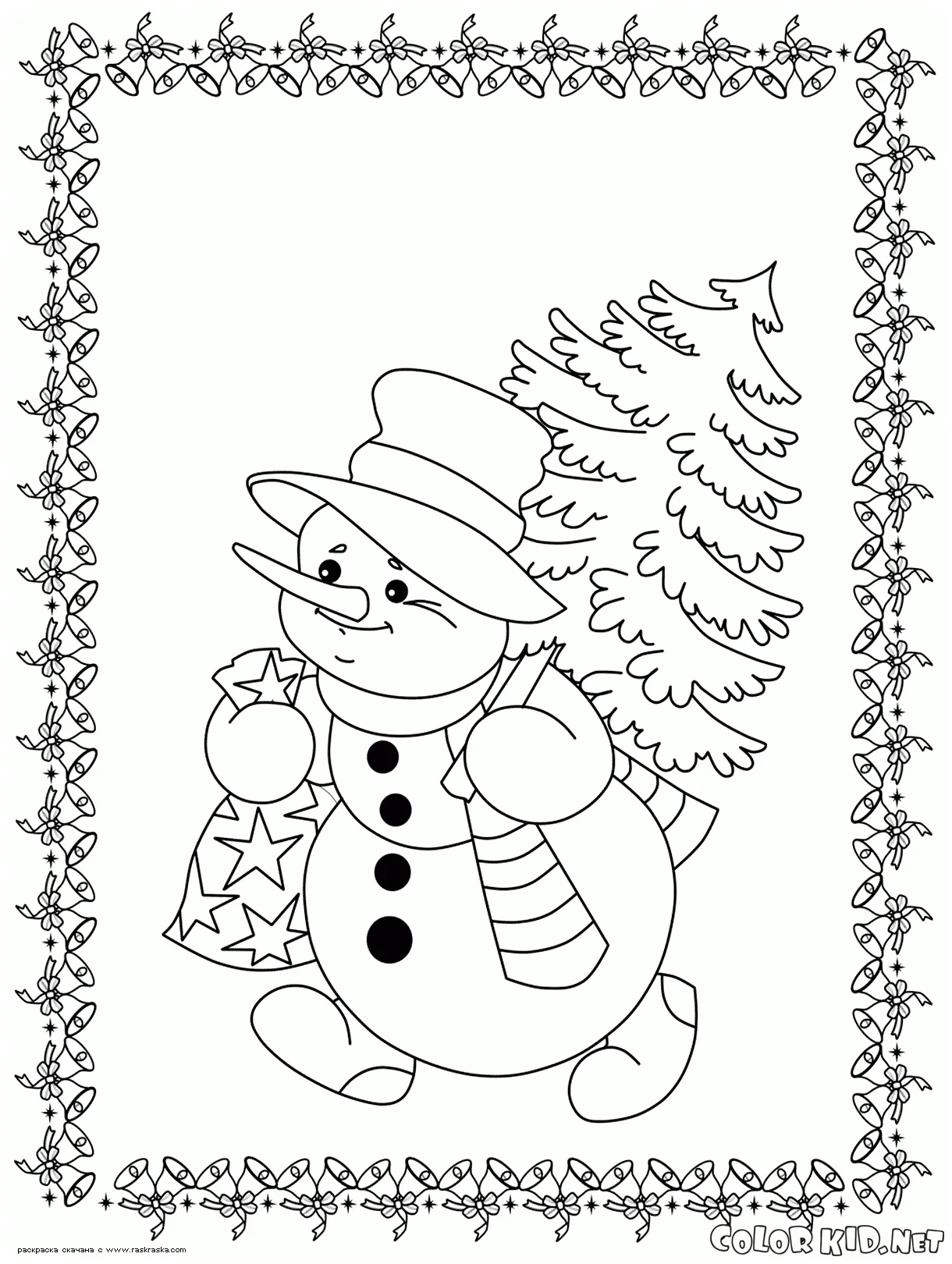 Coloring page snowman wearing a scarf and hat