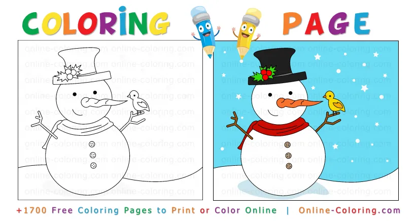 🎨snowman with red scarf and back top hat free online coloring page