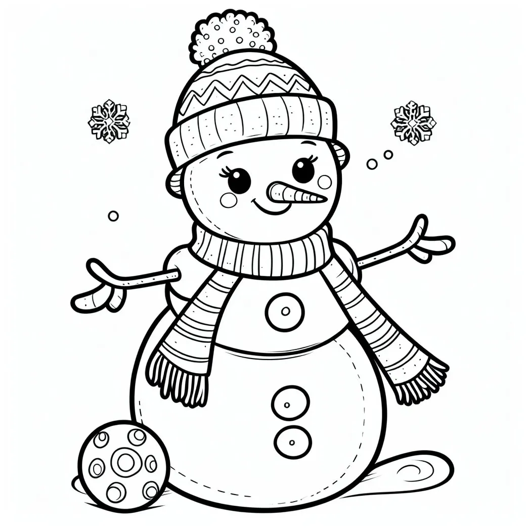 A snowman with a hat a scarf and a ball next to it ⛄ coloring page