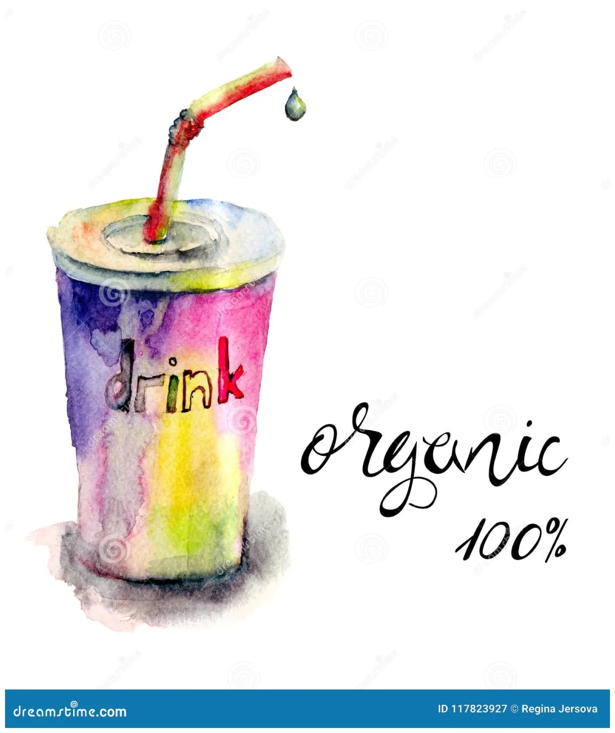 Cup of Soda Water with Straw, Watercolor Illustration Stock