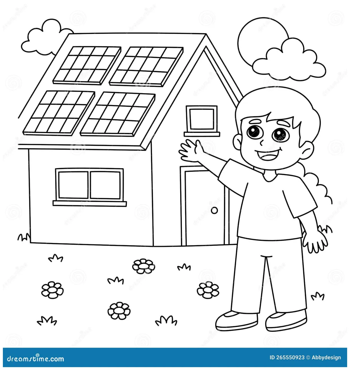 Boy with a Solar Panel House Coloring Page Stock Vector - Illustration