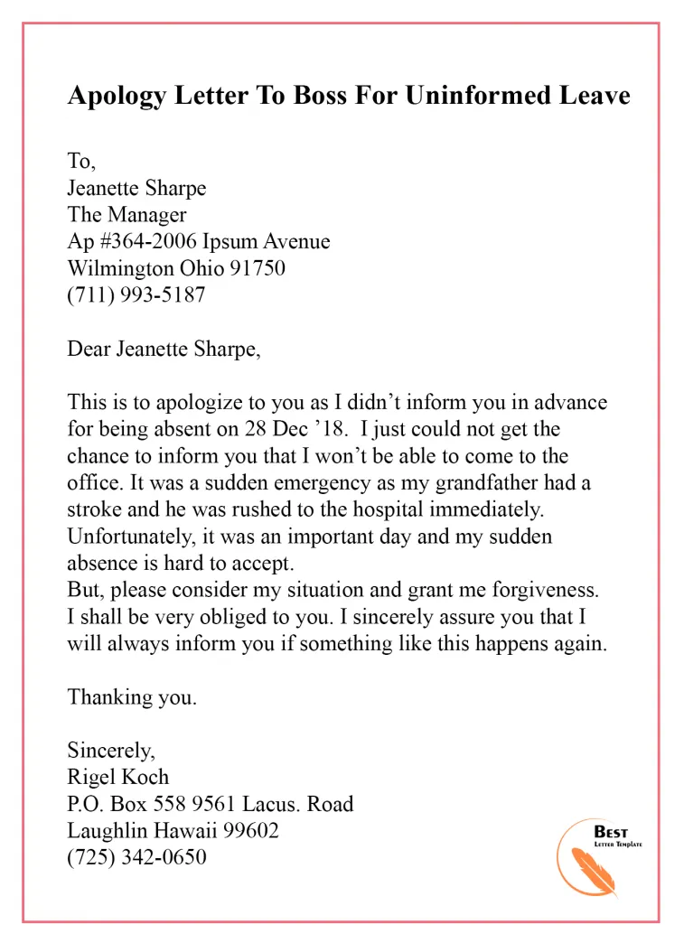 Apology letter template to boss/ manager sample & examples