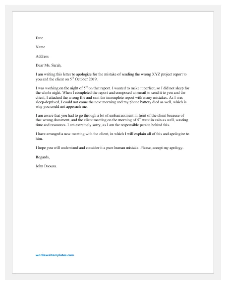 Apology letter to boss for mistake word & excel templates