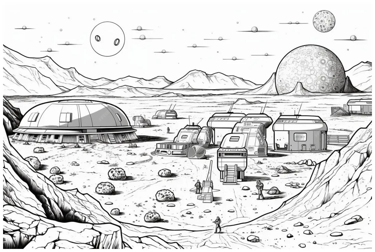 Space colony on a distant planet coloring page illu premium ai