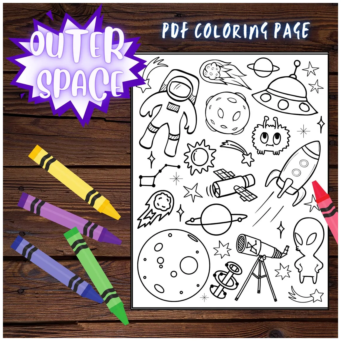 Space coloring page, outer space coloring page for kids etsy