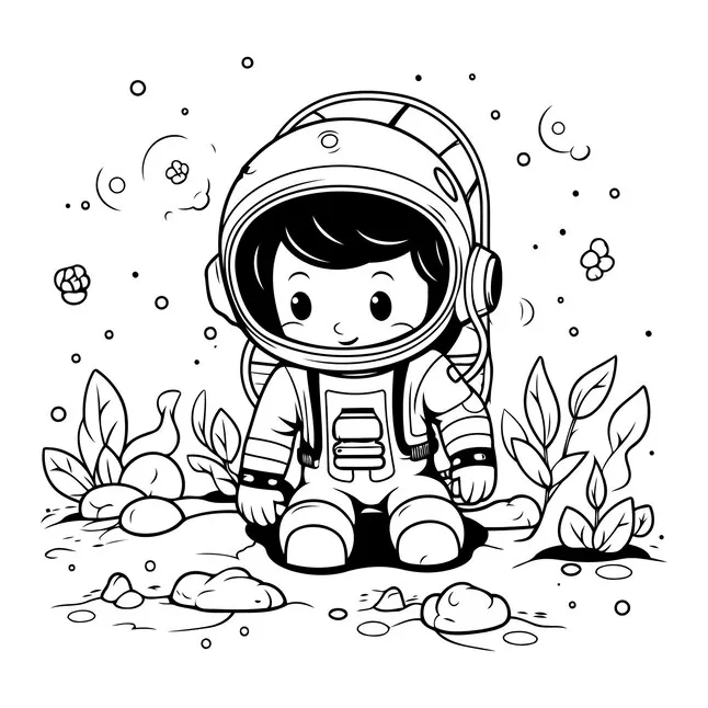 Premium vector cute little boy in space suit for coloring book