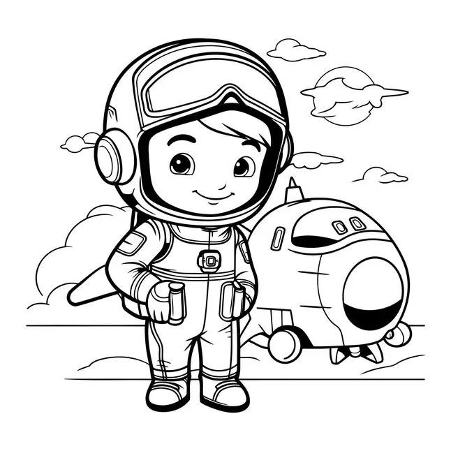 Premium vector cute little girl in space suit and helmet coloring book