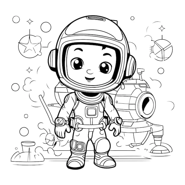 Premium vector cute astronaut in space suit for coloring book