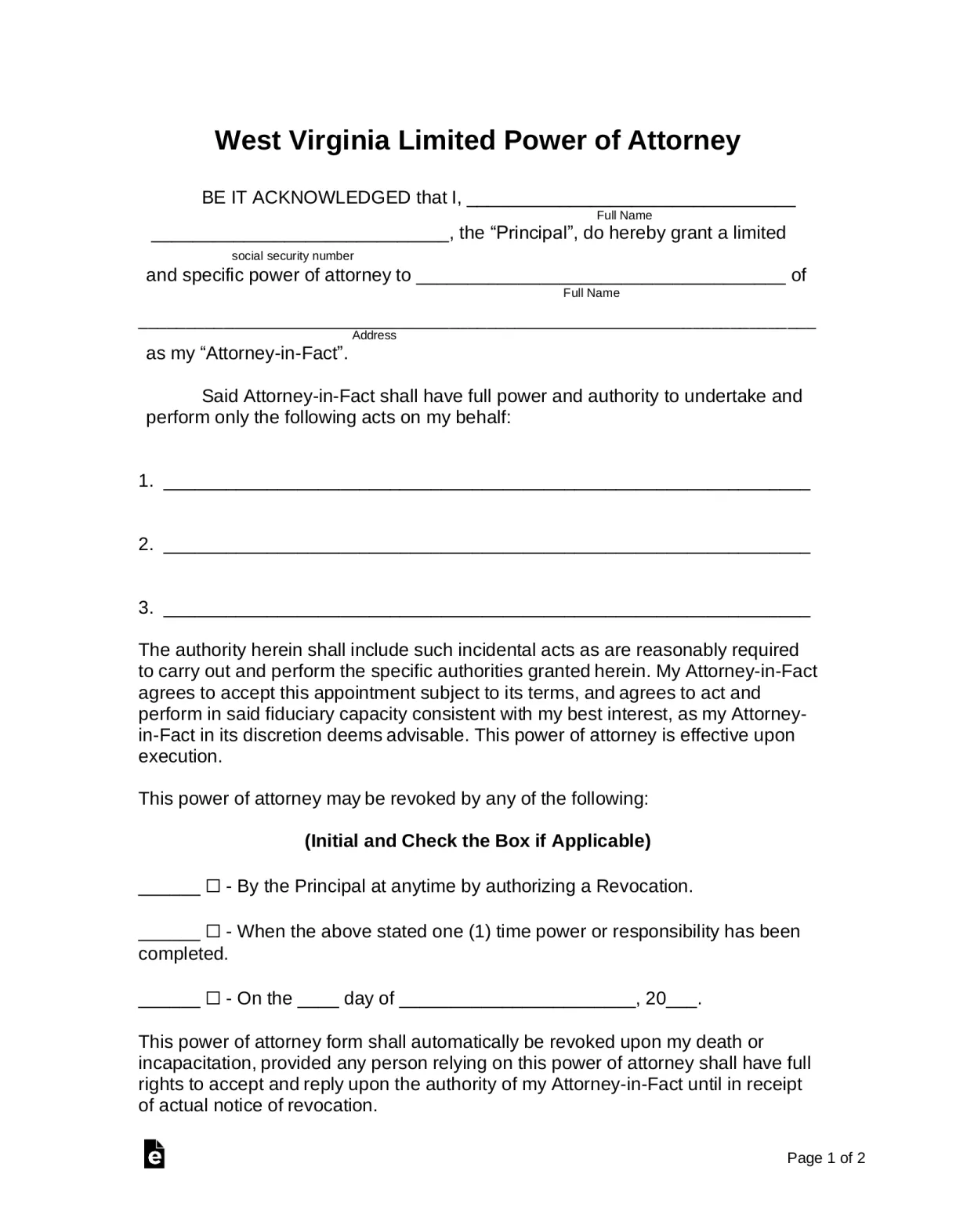 Free west virginia limited power of attorney form pdf word eforms