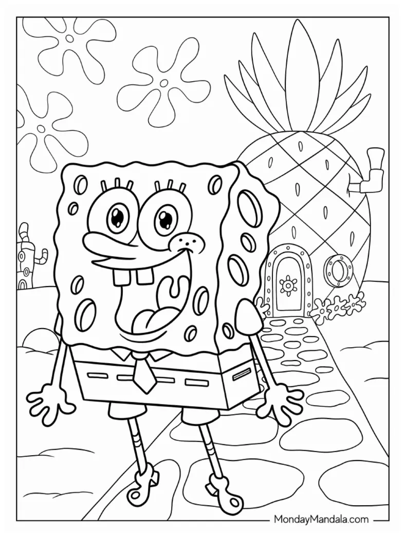 SpongeBob Standing in Front of Pineapple House Coloring Page | PDF