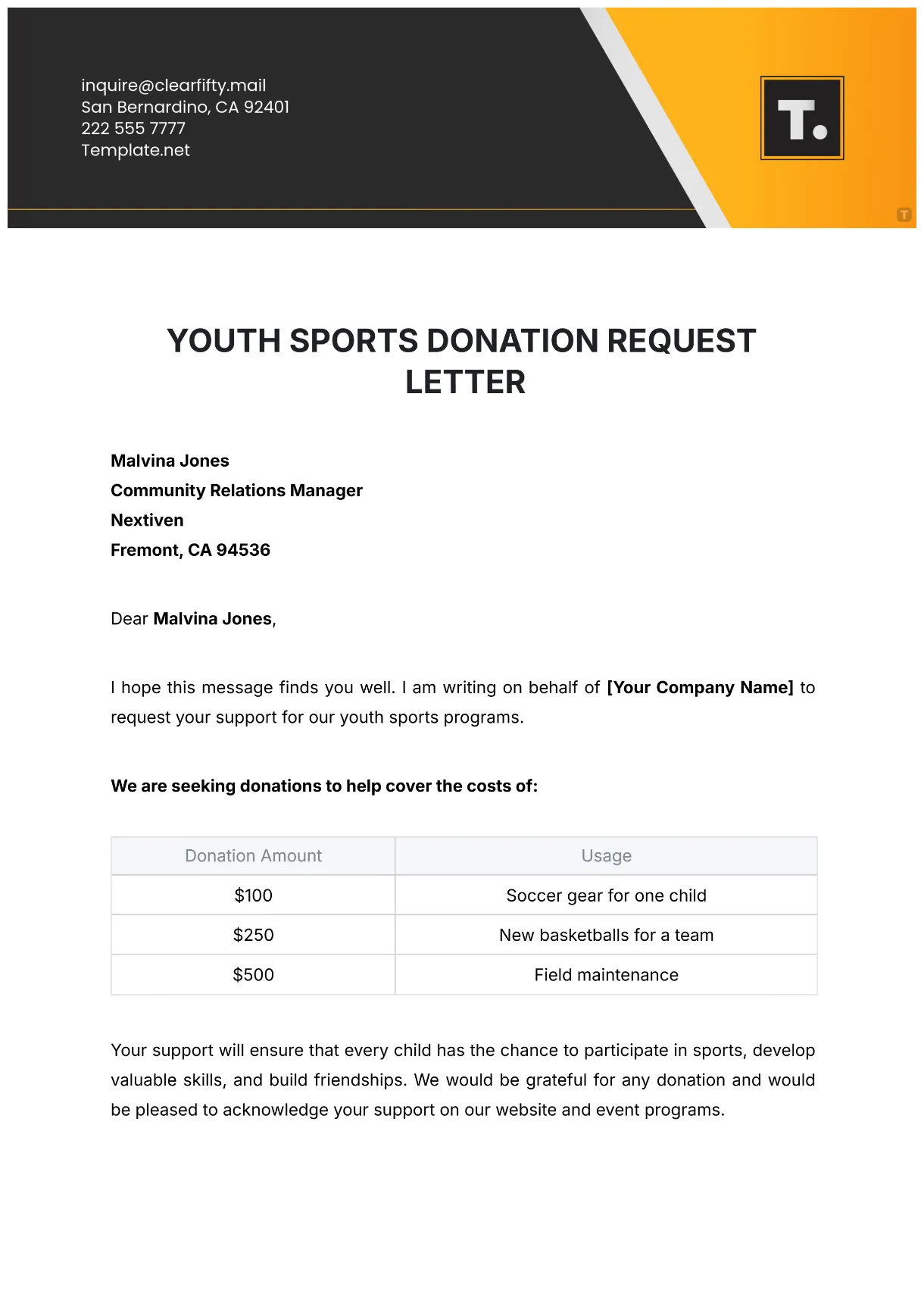 Youth sports sponsorship letter template free infoupdate