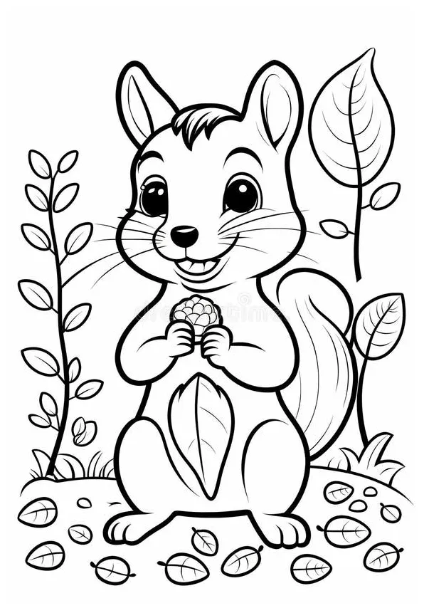 Cute Squirrel with Nut Coloring Page for Kids Featuring Autumn Leaves