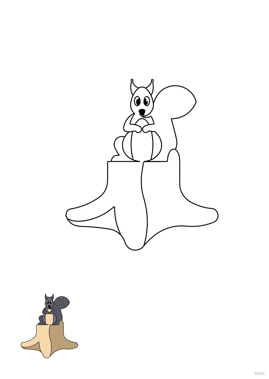 Squirrel on tree stumps coloring page template in pdf, eps, jpeg