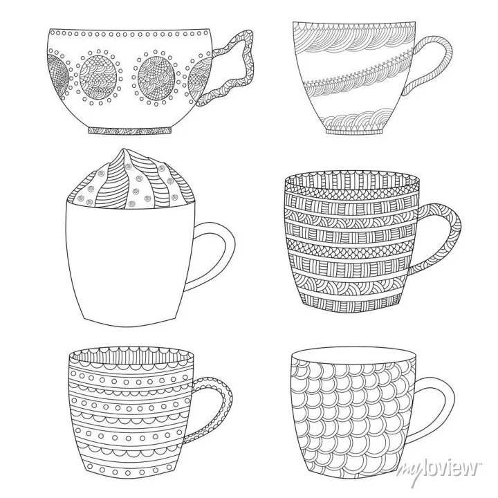 Cups set. coloring page. vector • wall stickers bundle, cup