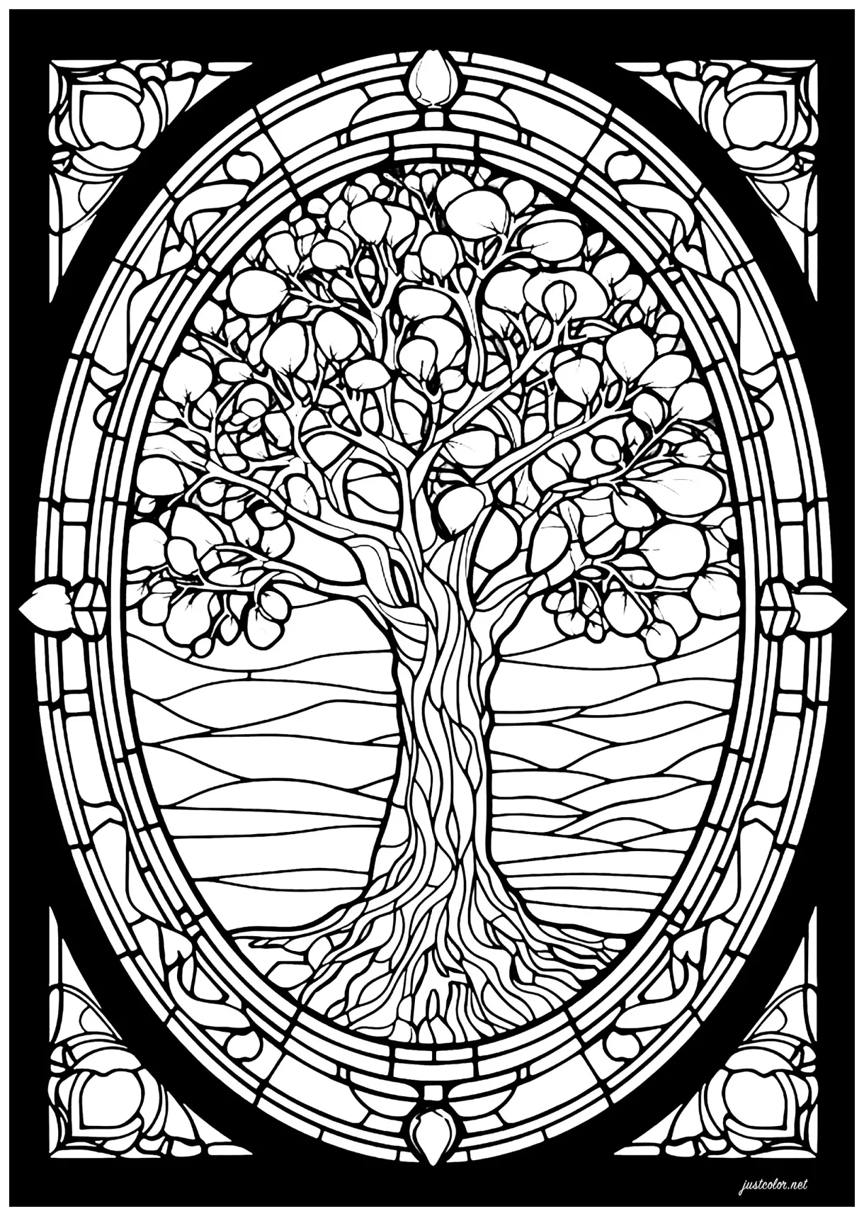 Flowers Stained Glass Window Printable Adult Coloring Page From